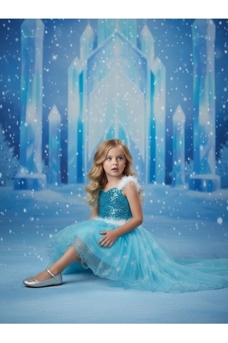 Zekids Kız Çocuk Önü Kısa Arkası Uzun Frozen Abiye Elbise-17118 Mavi