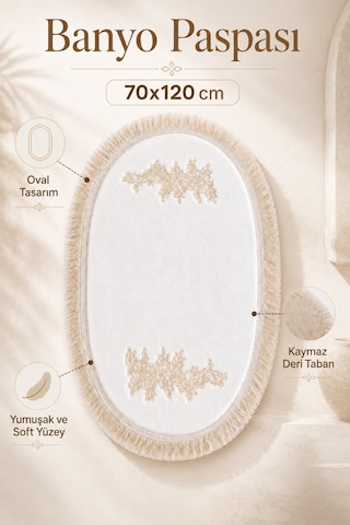 Gold Dantelli Kaymaz Deri Tabanlı Oval Banyo Paspası Püsküllü Yıkanabilir Banyo Takımı Regio pudra