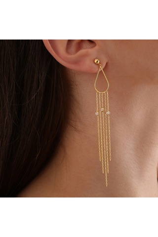 Queen Silver Jewelry 925 Ayar Gümüş Damla Tel Zirkon Sallantılı Küpe Altın