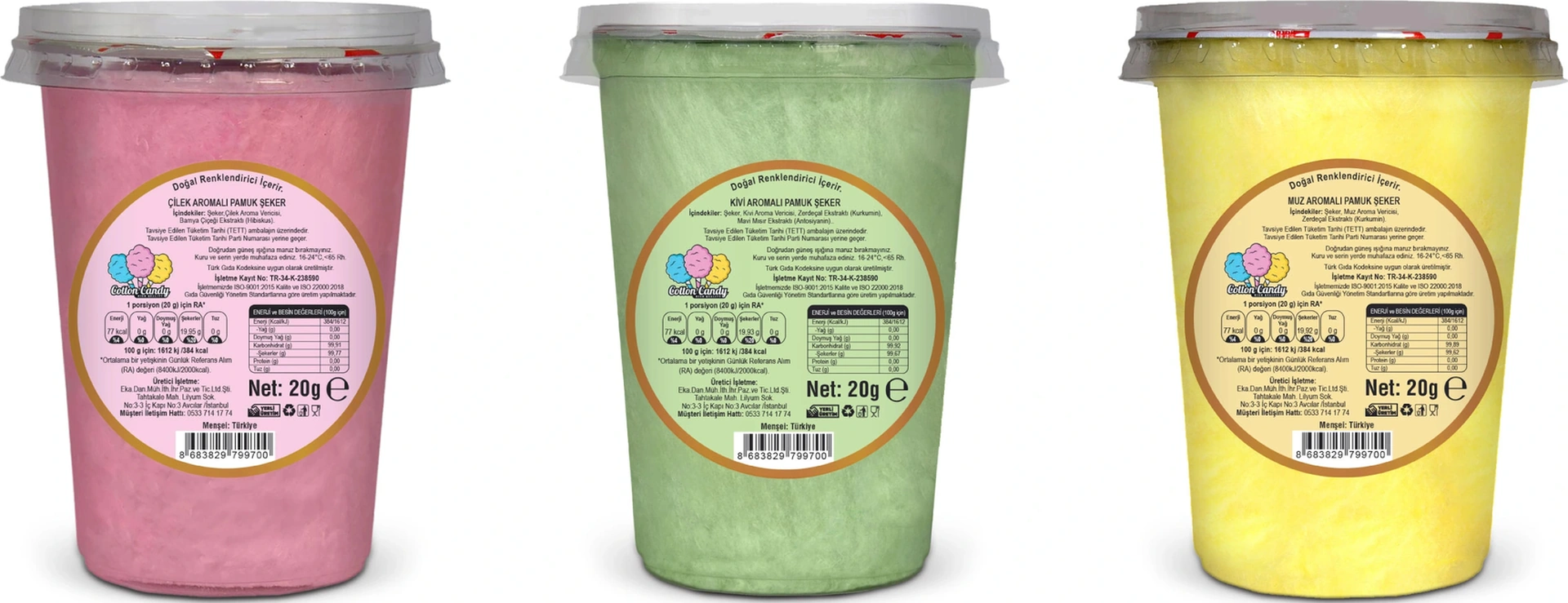 Çilek, Kivi, Muz Aromalı 3'lü Gurme Pamuk Şekerler