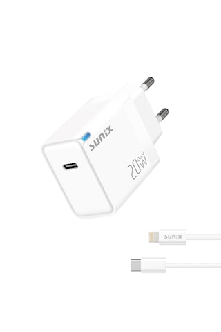 Sunix 20w Akıllı Şarj Ve Gan Teknolojisi İphone Lighting İphone 8/9/10/11/12/13/14 Serisi İçin Özel Ce Lisanslı Şarj Cihazı Yeni Nesil Son Teknoloji Şarj Cihazı Başlı+Kablo Set Halinde