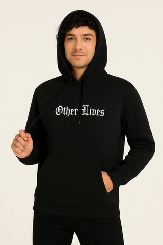 Vinevesta Erkek Kapüşonlu Kanguru Cepli Sweatshirt 3 İplik Pamuklu Baskılı Hoodie - Siyah Çok Renkli