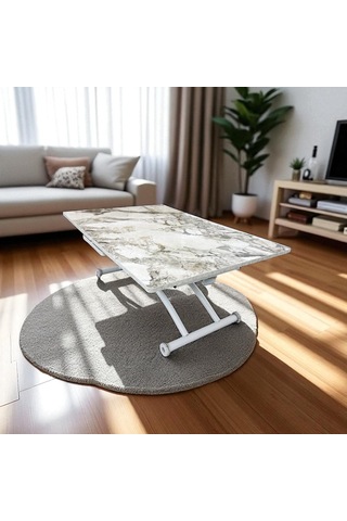 Ortadan Açılır Akıllı Masa Üst Mdf Beyaz Mermer Alt Ayak Beyaz