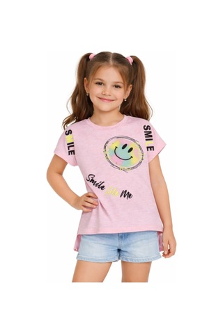 İrem Çocuk Giyim Kız Çocuk Smile Yazılı Emojili Desenli Pembe Renk Kısa Kol Tişört Pembe