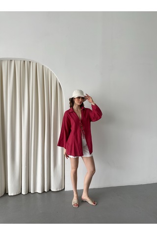 Bordo %100 Keten Bağcık Detaylı Kimono Bluz - 5218 Bordo