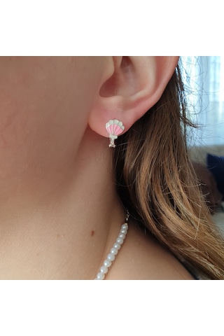 MAGRİB pembe renk deniz kabuğu istiridye model gümüş çocuk küpesi