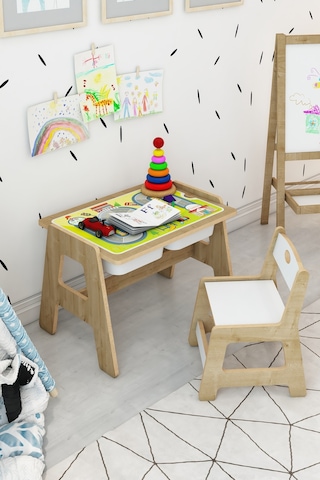 Fida Montessori Ahşap Aktivite Masa Ve Sandalye Takımı - Çocuk Çalışma Alanı Natural Ahşap