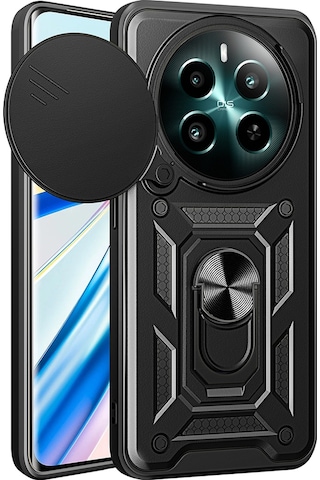 Realme 12 Kılıf Magnetik Standlı Kamera Korumalı Hptk Sürgülü Vega Kapak - Siyah Siyah