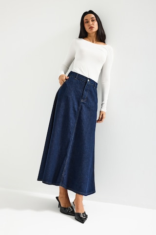 Itsbasic Kadın İndigo Renk 7w5-50 A Tipi Çan Kesim Maxi Boy %100 Koton Denim Etek