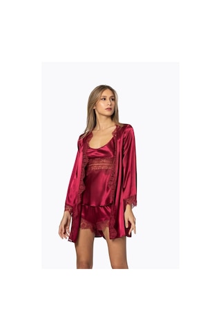 Pierre Cardin 2490 Bayan Sabahlıklı Saten Şort Takım Bordo