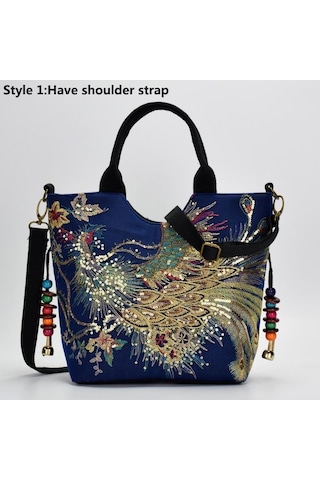 Parlak Payetler Tavuskuşu İşlemeli Kadın Kanvas Tote Çanta, Yaz Alışveriş Omuz Çantası Vintage Boncuklu İpli El Çantası Basit,normal Blue3 Çok Renkli