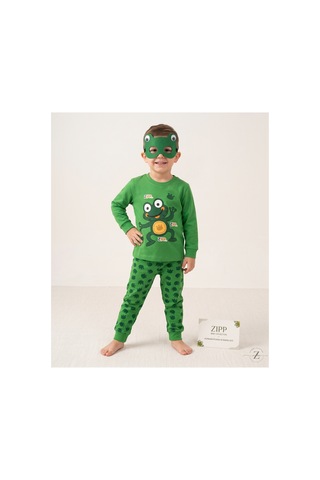 Deniva Kids Erkek Çocuk Yeşil Kurbağa Baskılı Uzun Kollu Pijama Takımı Ve Uyku Maskesi Seti