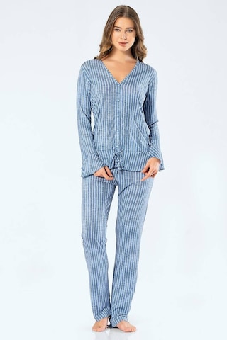 Türen Kadın Çizgili Uzun Kollu V Yaka Düğmeli Pijama Takım 001
