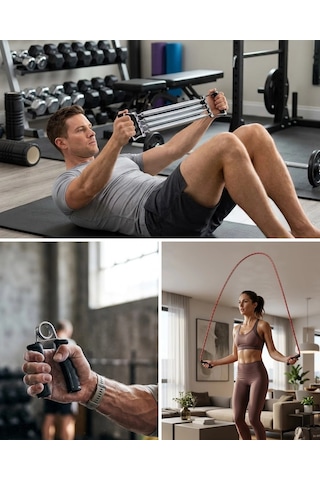 Mey İthalat Ev Spor Seti Atlama İpi El Yayı Karın Egzersiz Aleti Fitness Seti Çok Renkli