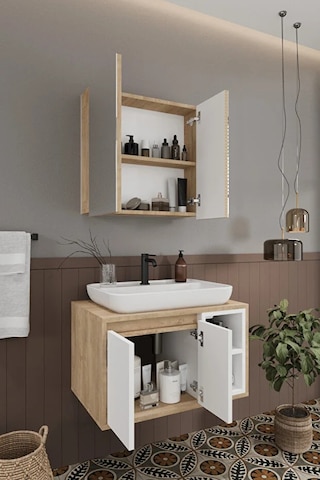 Lale Beyaz 70 Cm %100 Mdf Lavabolu Banyo Dolabı + Aynalı Dolap Beyaz Meşe