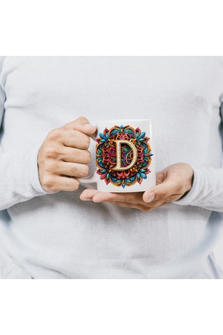 D Harfi Boho Bardak, Renkli Özel Tasarım Hediyelik Harfli Kupa, 330ml Porselen Beyaz