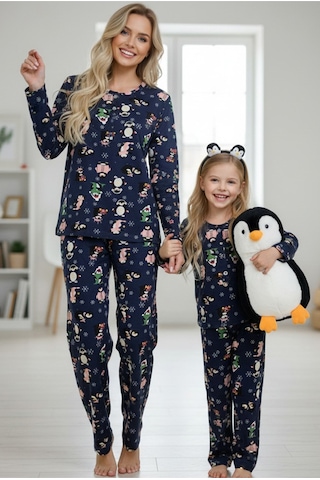 Siyah İnci %100 Pamuklu Puanlı Şeker Baston Desenli Yılbaşı Temalı Örme Pijama Takım Lacivert Penguen