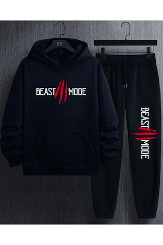 Hunors Sportswear & Company Siyah Erkek Oversize Basic Kapüşonlu Paçası Lastikli Beast Moda Baskılı Pamuklu Eşofman Takımı Siyaah