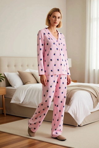 Benerly Kadın Gömlek Yaka Uzun Kol Regular Kalıp Dokuma Pijama Takımı Fon Pembe