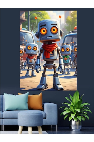 Ahşap Tablo Küçük Robotlar Şehir Yolunda