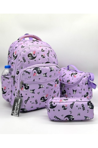 Sevimli Karakter Desenli Beslenmeli İlkokul Çanta Seti Lila