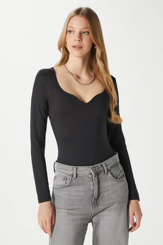 Ritnice Kadın Rich Kalp Yaka Polyamid Siyah Çıtçıtlı Body / Bluz Siyah
