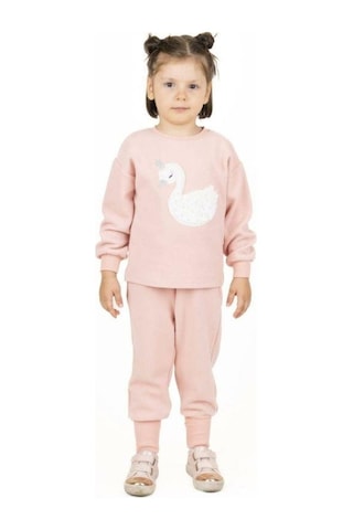 Kız Çocuk Kuğu Desenli Peluş Sweatshirt-13510 Pudra
