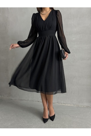 Kadın Arkadan Bağlamalı Şifon Elbise Siyah