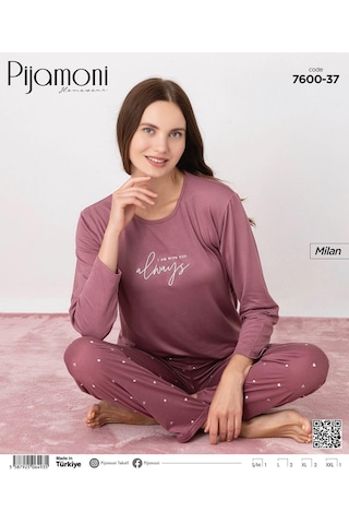 Pijamoni Kadın Milan Bisiklet Yaka Uzun Kol İnce Pijama Takımı 7600/37 - 1 Adet Gül Kurusu