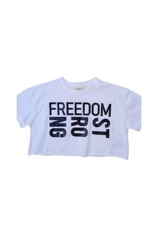 Çikoby Kız Çocuk Pamuklu Sıfır Yaka Kısa Kol Yazılı Crop Tshirt-12104 Beyaz