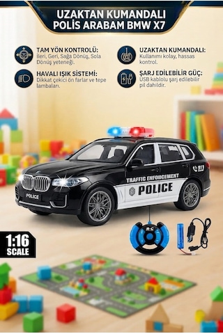 1:16 Ölçekli Şarjlı Bmw X7 2.4 Ghz Full Fonksiyon Uzaktan Kumandalı Işıklı Polis Aracı Siyah