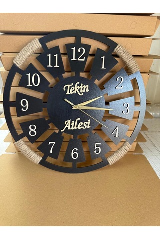 Özel İsimli Ahşap Dekoratif Halatlı Duvar Saati Siyah