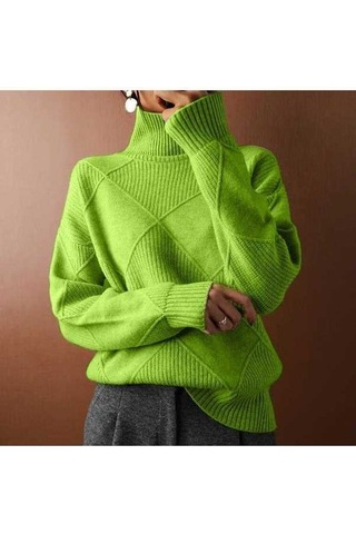 Tongxida Kadın Büyük Beden Yüksek Yaka Bol Mizaçlı Seyahat Örme Düz Renk Moda Kazak Çimen Yeşili Çimen Yeşili