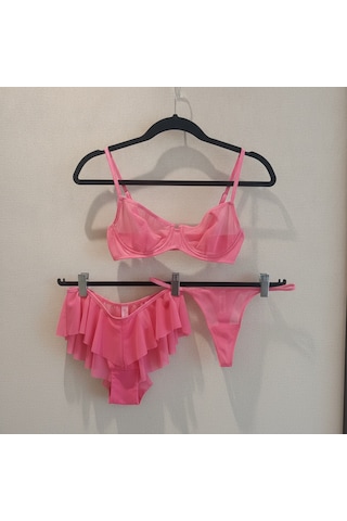 Bonbon Kadın Tül Transparan Balenli Sütyen, Checky Ve String Külotlu 3 Lü Paket Bb2622 Nar Çiçeği