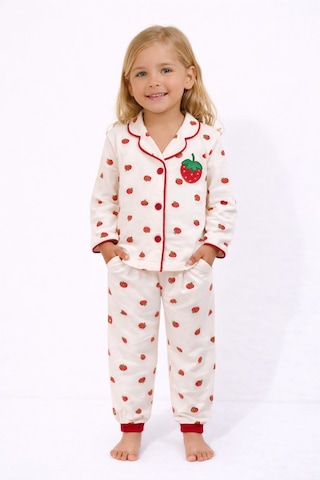 Poli Foni Çilek Desenli Yakalı Önü Düğmeli Kız Çocuk Pijama Takımı Beyaz