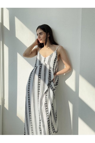 Retrobird Tasarım June Askılı Yırtmaçlı Elbise Kadın Siyah - Beyaz-13908 Siyah - Beyaz