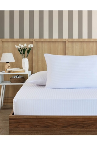 Çizgili Pamuk Saten Yatak Çarşafı Lastikli 180x200 Yastık Kılıfı Beyaz