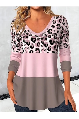 Soonaksesuar Kadın Uzun Kollu V Yakalı Leopar Baskılı Şardonlu Dalgıç Bluz Pembe
