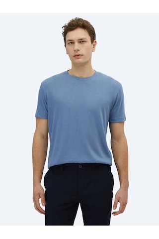 Kip Havacı Mavi Düz Bisiklet Yaka Pamuk Karışımlı T-shirt Havacı Mavi