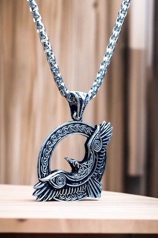 Gümüş Kaplama Krom-çelik Erkek Kolye Madalyon İskandinav Odin Viking Kuzgun Gümüş
