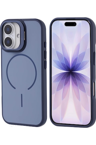 Zore Apple Uyumlu iPhone 17 Kılıf M-safe Şarj Özellikli Kamera Standlı Msra Notron Kapak - Lacivert Lacivert
