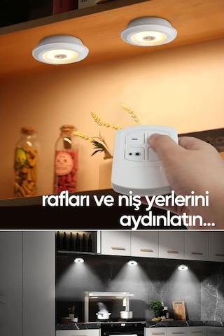 Uzaktan Kumandalı Spot Led Lamba Yapışkanlı Kablosuz Işıldak Pilli Mutfak Rafı Dolap Işığı Beyaz