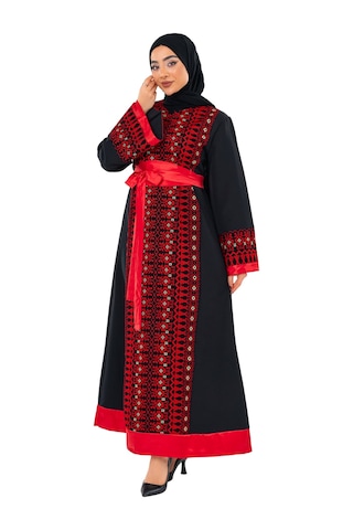 Zaytoon Uzun Kollu Tek Taraflı Nakışlı Kırmızı Kemerli Filistin Elbise C100057 Kırmızı