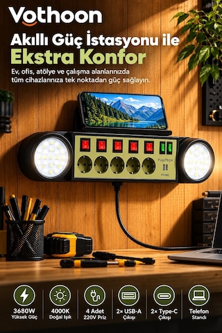 Akıllı Masaüstü Duvar Tipi Akım Korumalı 5 Li Priz 3680w Led Işıklı Usb-a Type-c Telefon Standlı