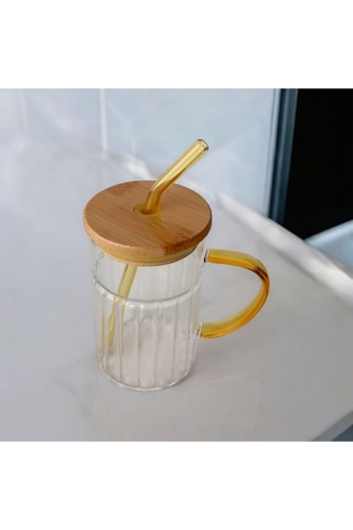 Bambu Kapaklı Cam Pipetli Kupa 420 Ml Sarı