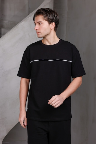 Erkek Garnili Şeritli Oversize Bisiklet Yaka 2 İki İplik Kompakt T-shirt Siyah