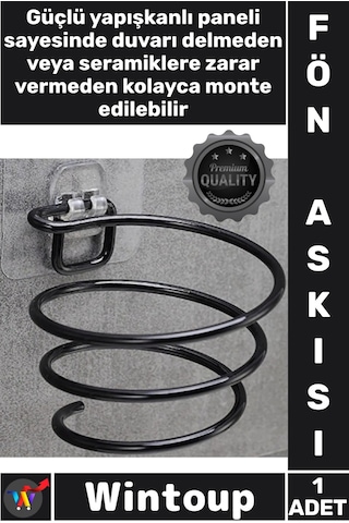 Askı Yapışkanlı Duvar Tipi Siyah Metal Banyo Askı Organizeri Standı Şık Saç Kurutma Makinesi Tutucu Çok Renkli