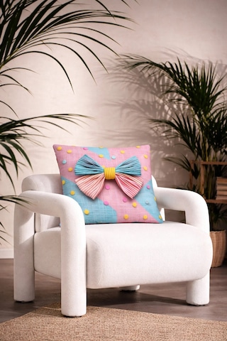 3d Renkli Düğme Ve Gökkuşağı Fiyonk Detaylı Dekoratif Kırlent Kılıfı 45x45 Cm Pastel Pembe Mavi