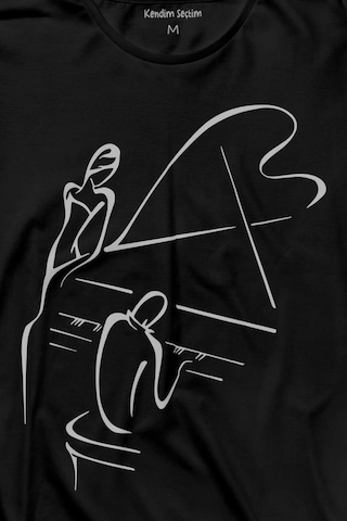 Piyano Başında Romantik Müzik Aşkı Müzikal Aşıkları Uzun Kollu Tişört Baskılı T-shirt 001