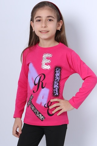 Hçm Kız Çocuk Uzun Kollu Tshirt Pullu Harf Baskılı Bisiklet Yaka E9 Fuşya